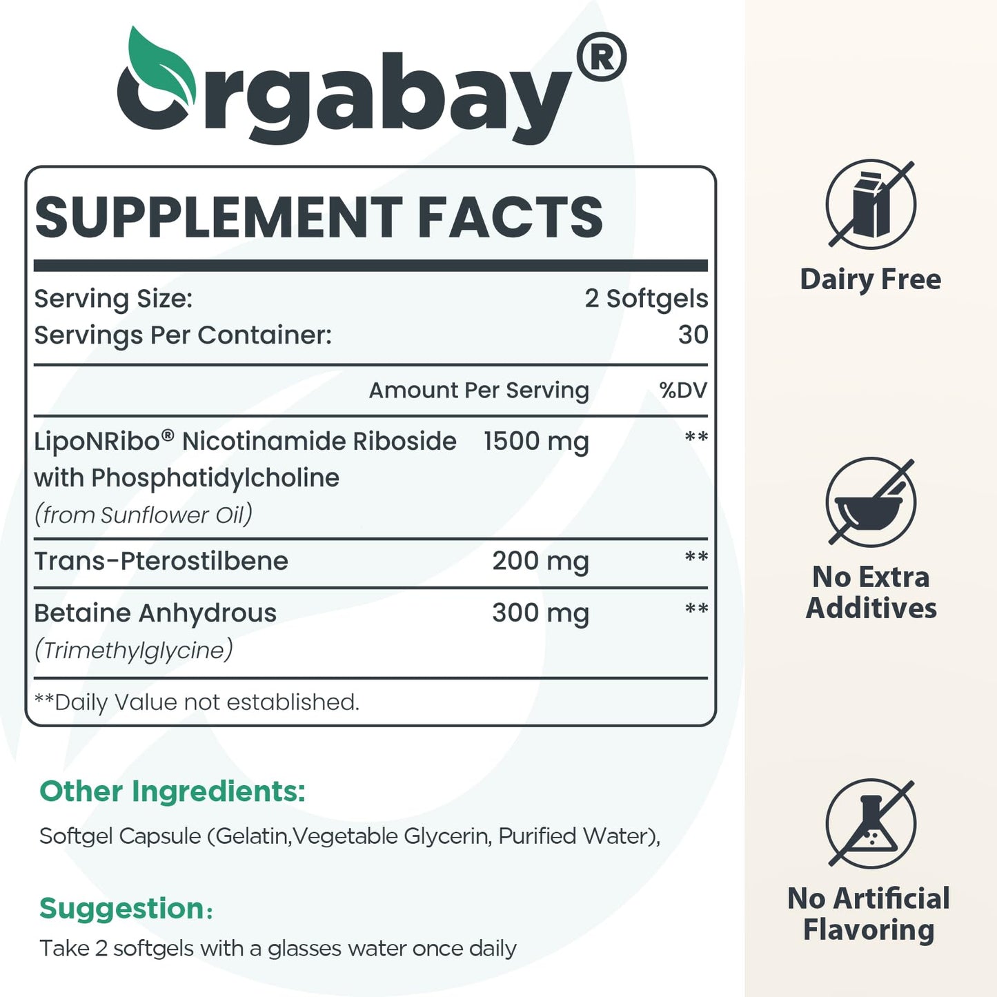 Orgabay Liposomal Nicotinamide Riboside 2000 mg with TMG and Pterostilbene Softgel, 60 Count