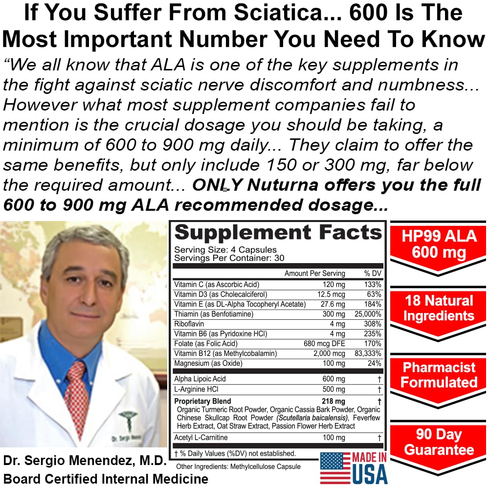 Nuturna Sciatica Nerve Relief Alpha Lipoic Acid 600 mg Capsules, 120 Count