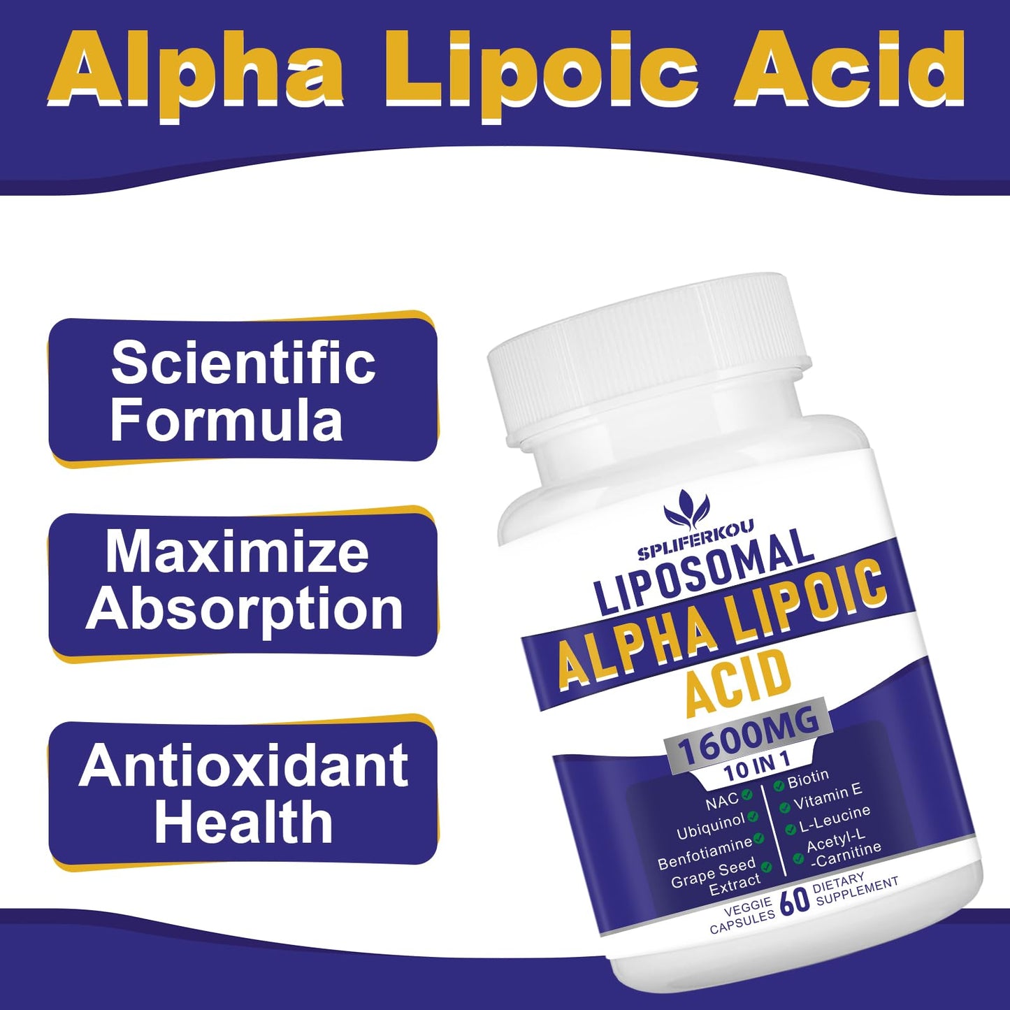 Spliferkou Liposomal Alpha Lipoic Acid 1600mg per Serving Capsule, 60 Capsules