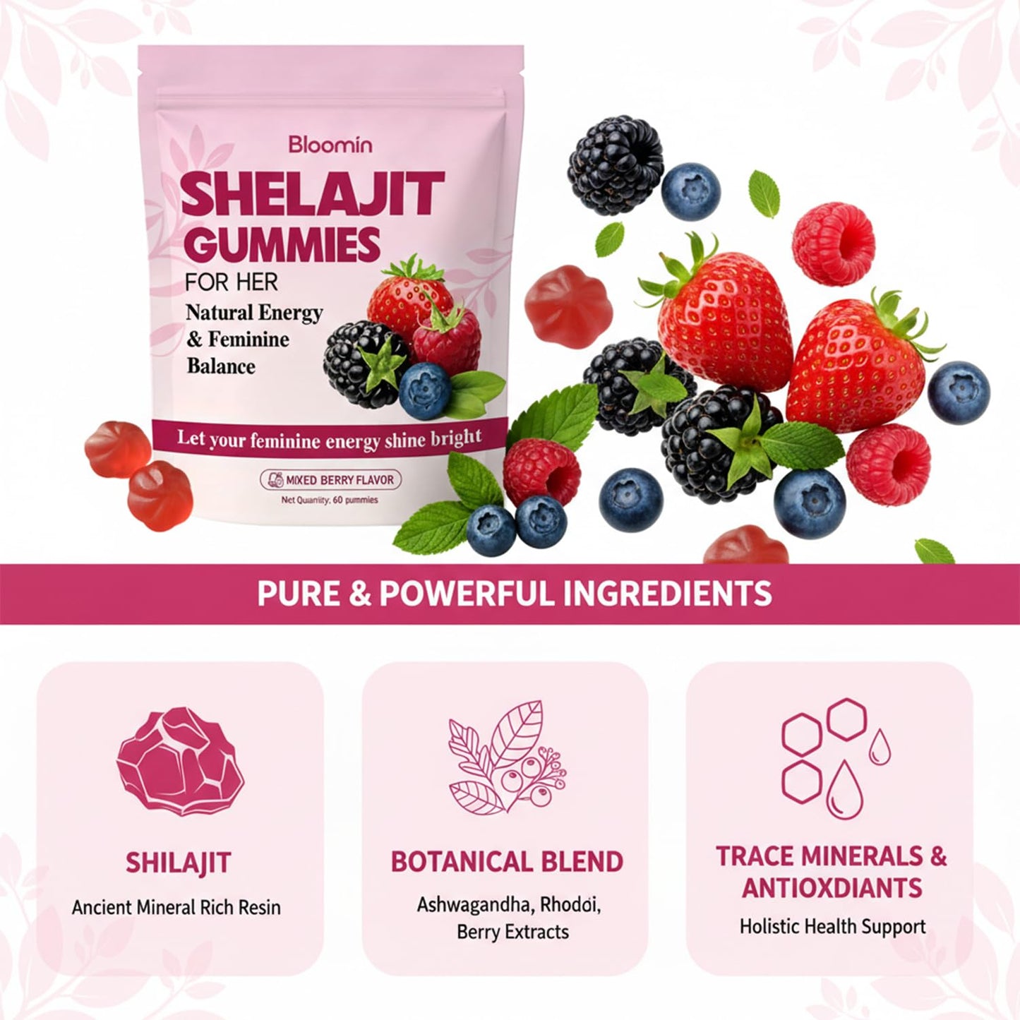Bloomin Gummies Shilajit Gummies for Women, Gummy, 60 Count