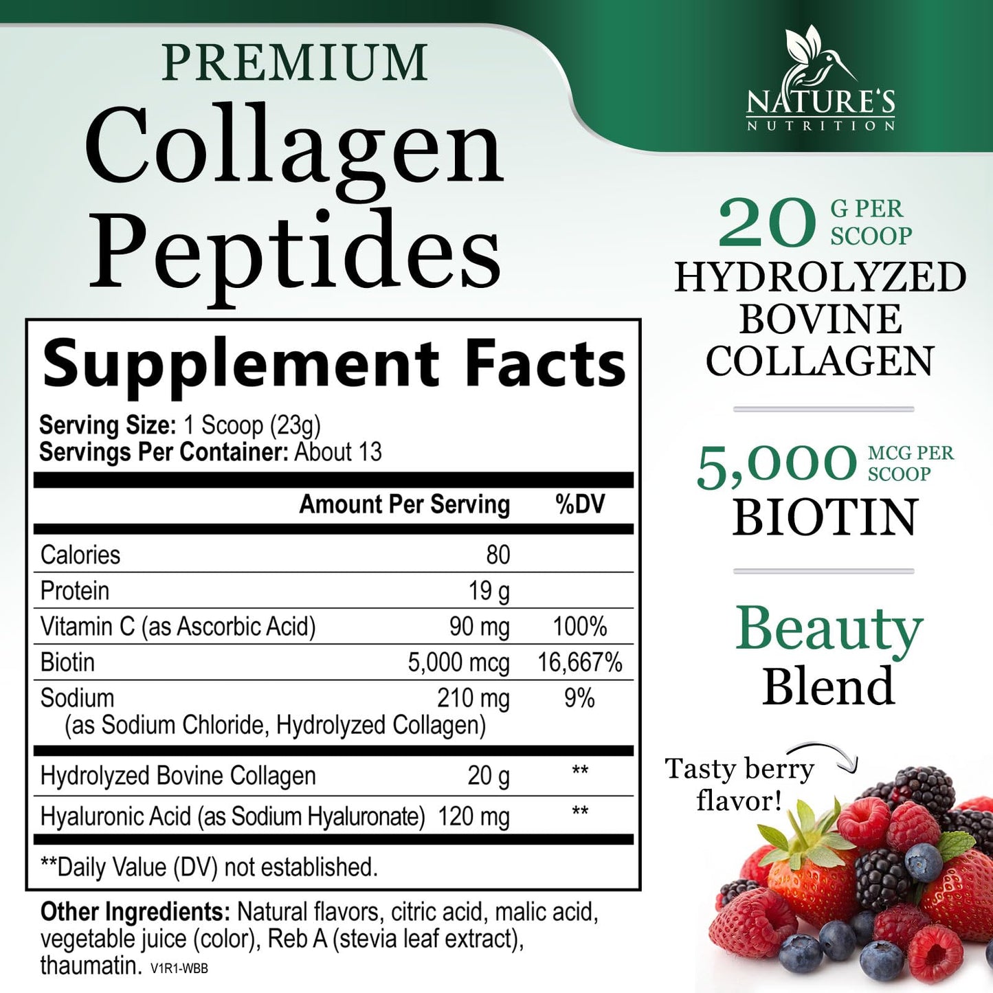 Nature's Nutrition Collagen Peptides Powder, Hydrolyzed Type I & III Berry Flavor with Biotin, Hyaluronic Acid, Vitamin C, Hair, Skin & Nails Support, 10.5 oz