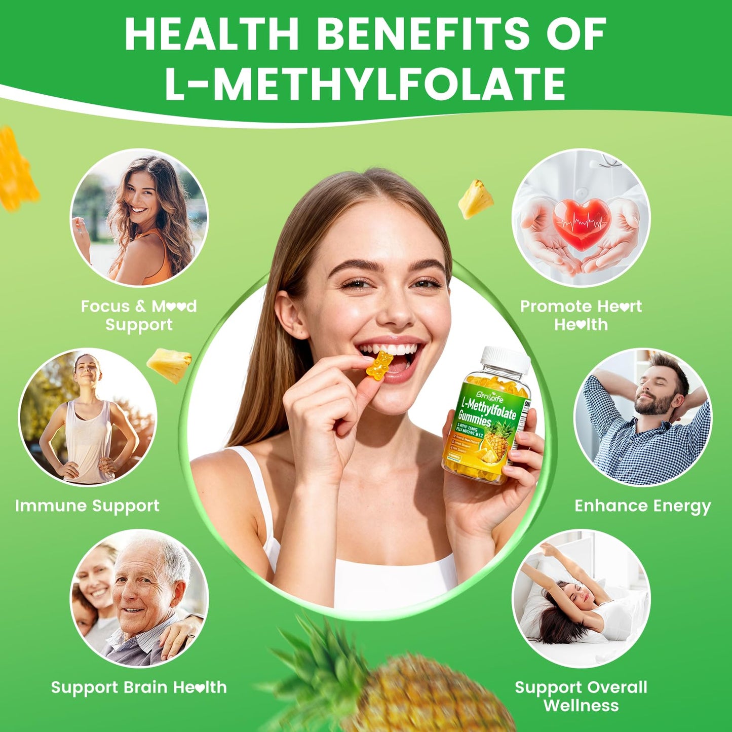 GrnLife L-Methylfolate 15 mg Gummies with Methyl B12, Methylated B1, B2, B6, Active 5-MTHF & High Absorption - Supports Brain Health & Immune System, Pineapple Flavor, 120 Gummies