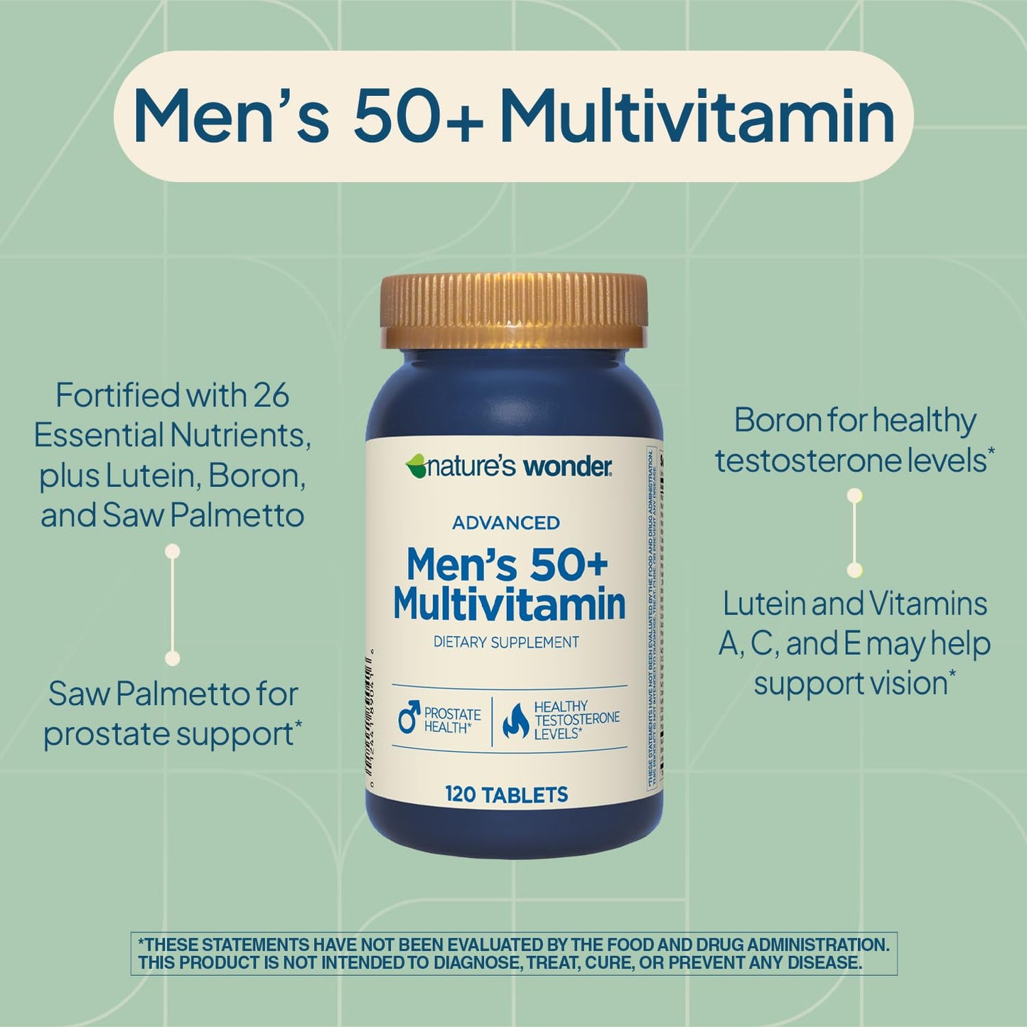 Nature's Wonder Advanced Men's 50+ Multivitamin/Multimineral Supplement with Vitamin D3 and B Vitamins, 120 Tablets