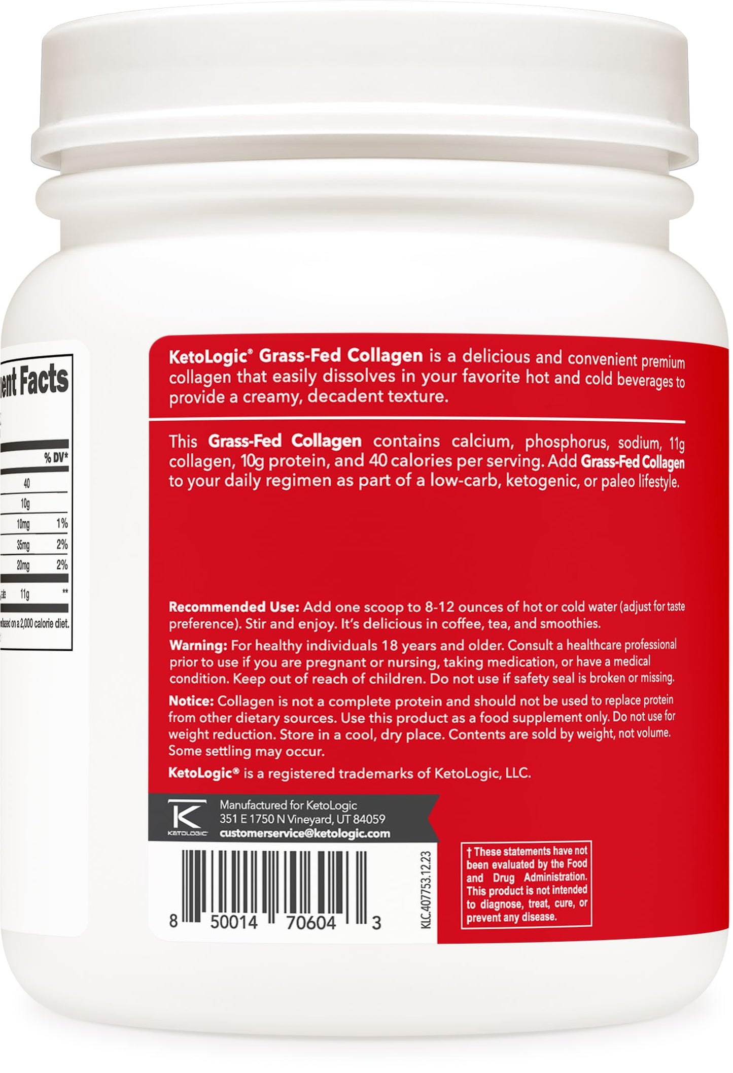Ketologic Grass Fed Collagen Hydrolysate Powder 16.2 oz