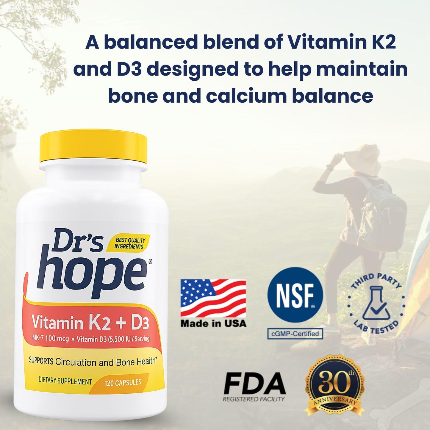 Dr’s Hope Vitamin K2 (MK-7) 100 mcg & Vitamin D3 125 mg (5000 IU) Supplement - Advanced Bone & Immune Support Formula - 120 Capsules