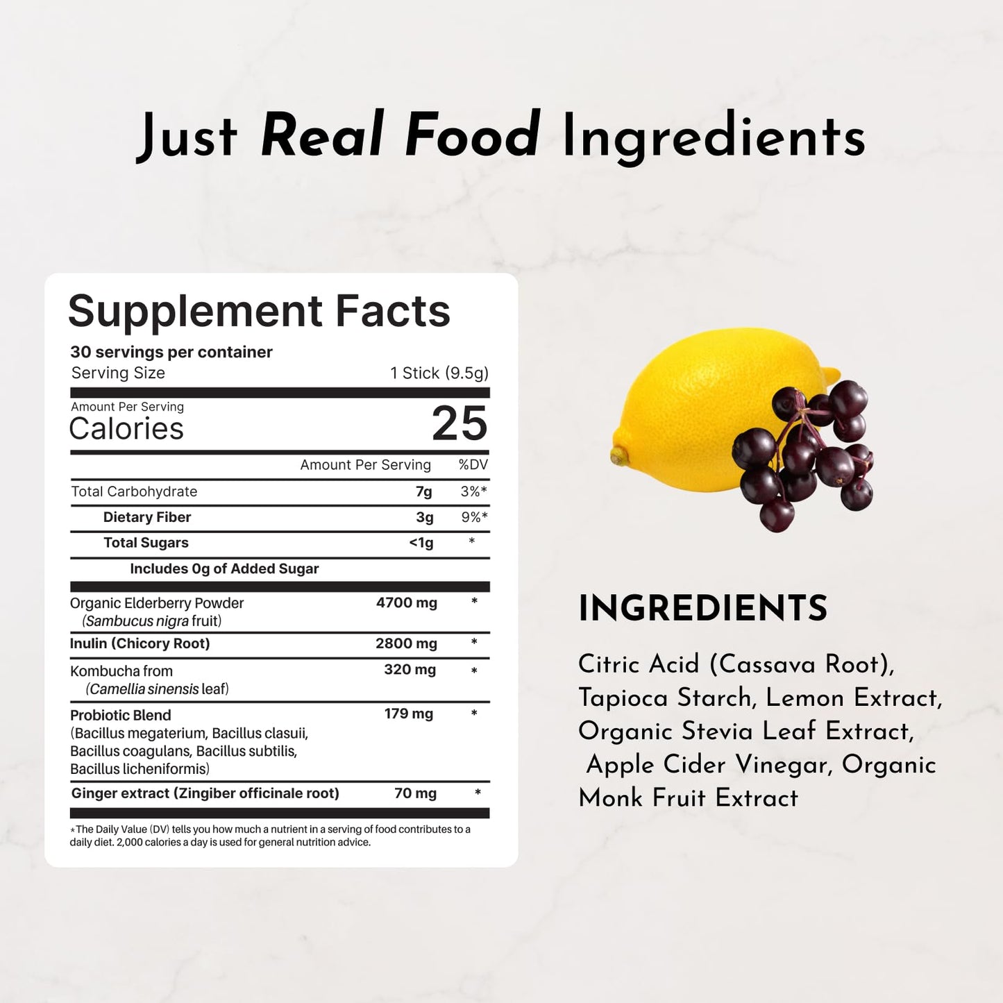 JUST INGREDIENTS Elderberry Lemonade 3-in-1 Probiotic Complex - Prebiotics, Probiotics & Postbiotics Powder 5.4 oz