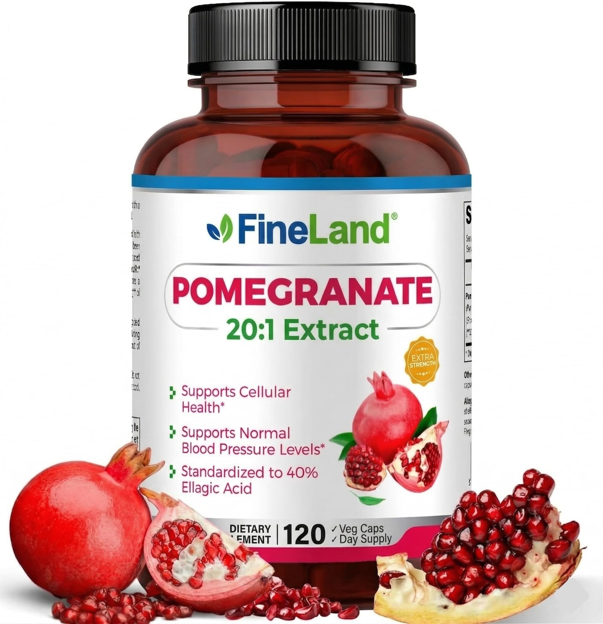 FineLand Pomegranate Extract 20:1, 40% Ellagic Acid Standardized Antioxidant Supplement Capsules, 120 Count
