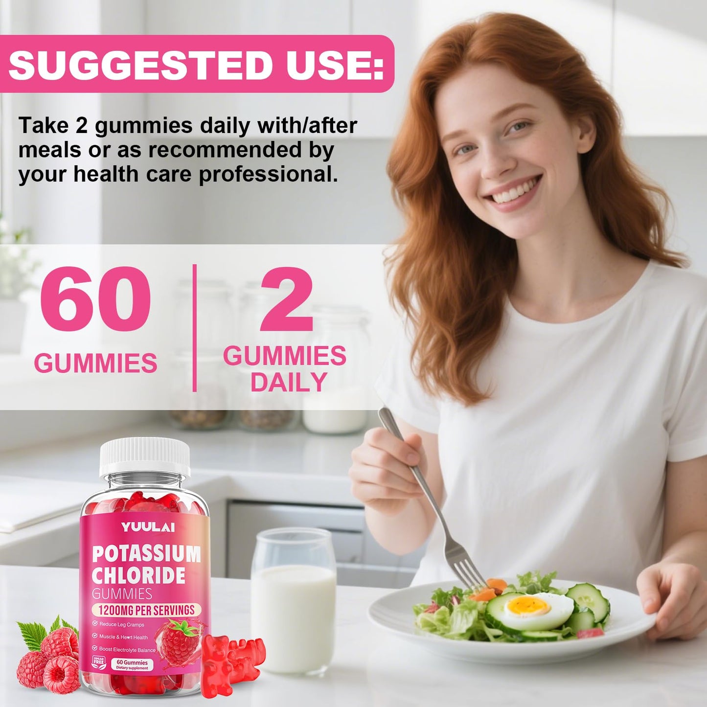 YUULAI Potassium Gummies 1200mg Potassium Chloride, Sugar-Free Raspberry Flavor, Gummy, 60 Count