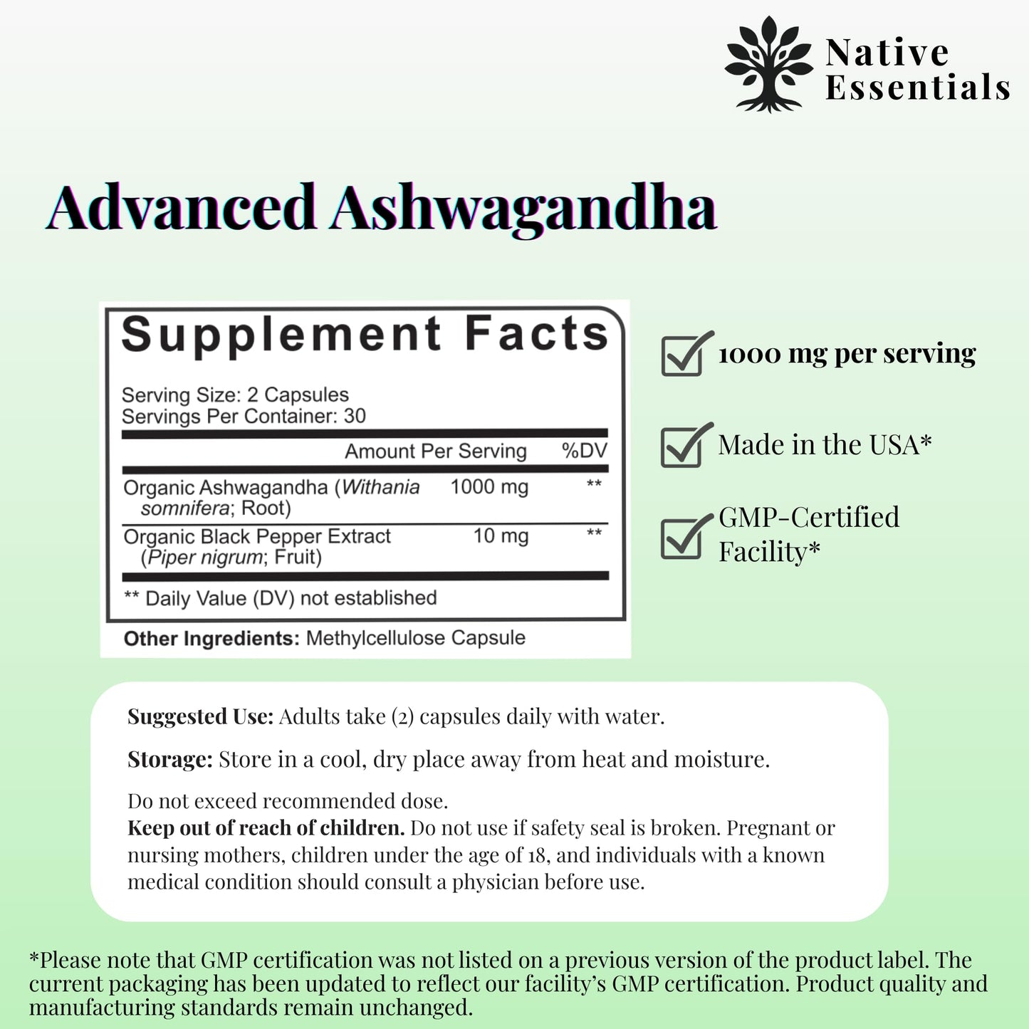 Native Essentials Ashwagandha 1000mg - Balance Energy Focus Support, 1 Capsule