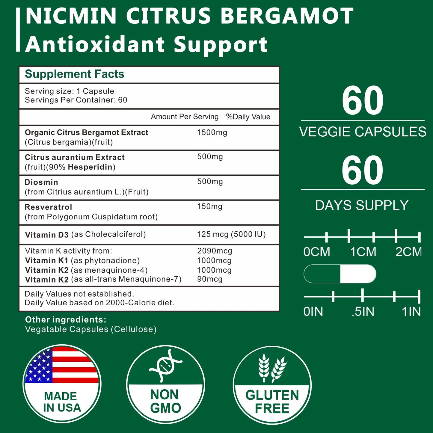 NICMIN Citrus Bergamot 1500mg with Hesperidin, Diosmin, Resveratrol, Vitamin D3, K1 & K2 Bergamot Supplement 60 Veggie Capsules