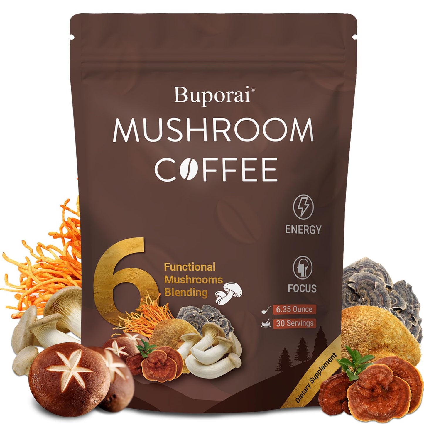Buporai Mushroom Coffee Powder, Instant Coffee with 6 Mushrooms (Lion’s Mane, Cordyceps, Turkey Tail & Other) for Energy, Focus, Digestion, Immunity, 1 Pack