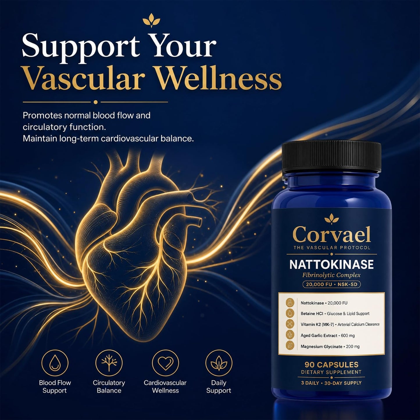 Seven Green Corvael Nattokinase 20000 FU, Nattokinase Fibrinolytic Complex, 90 Capsules