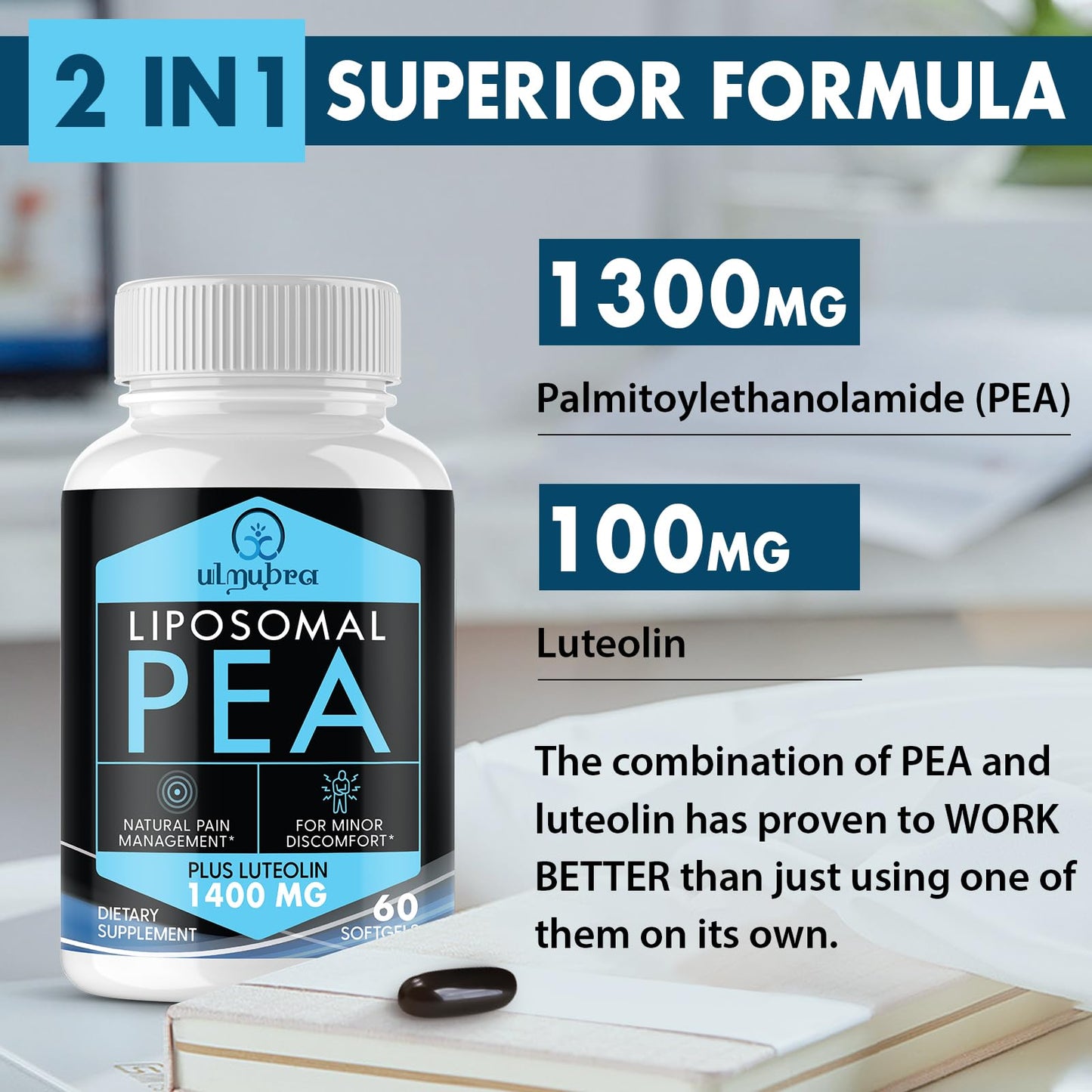 Ulmubra Liposomal Palmitoylethanolamide 1300 mg Plus Luteolin 100 mg Softgels, 120 Count