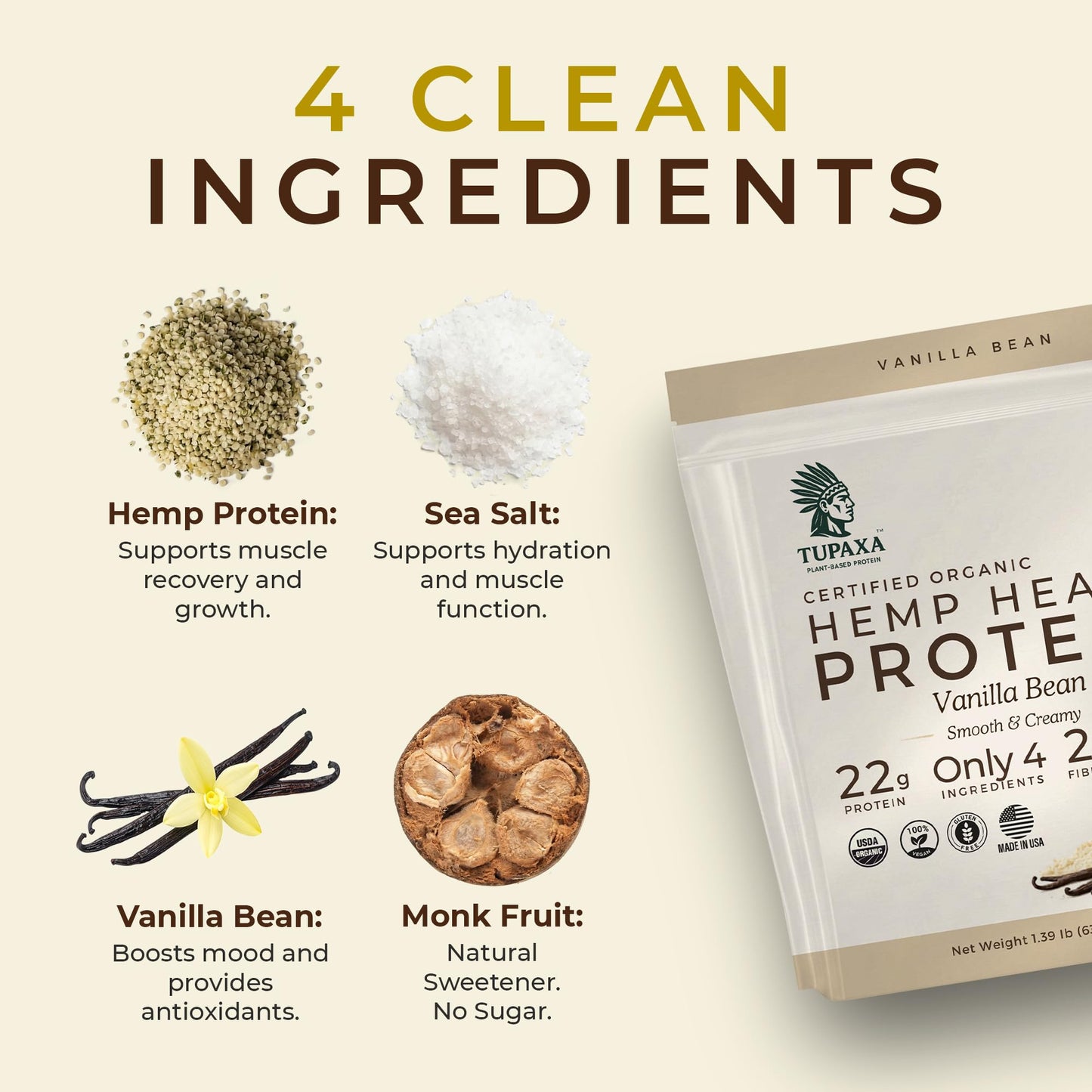 TUPAXA Hemp Protein Powder Vanilla Bean - USDA Organic, Plant-Based, Vegan, Gluten Free, Keto - 22 Servings