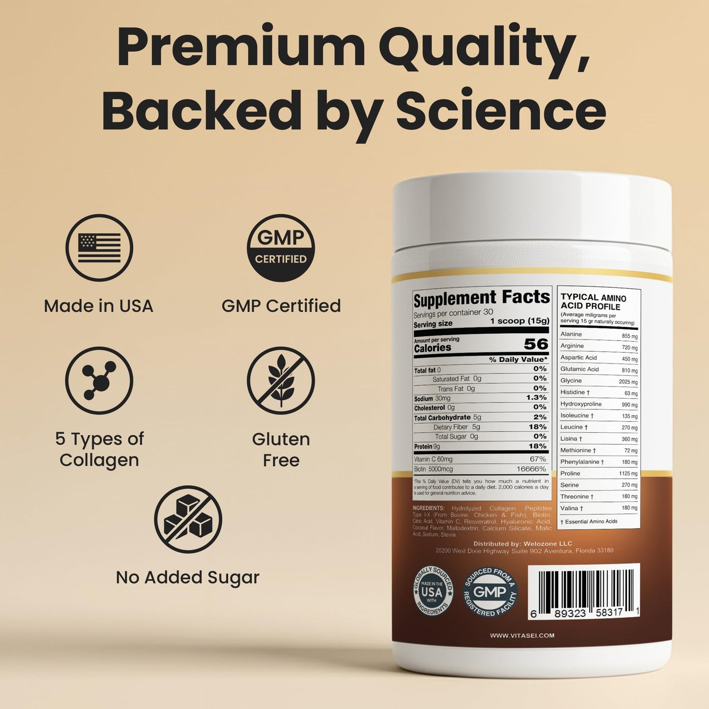VITASEI Hydrolyzed Collagen Peptides Powder 16 oz