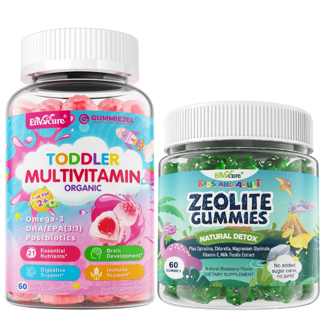 EnvyCure Zeolite Detox for Kids & Adults Organic Toddler Multivitamin Gummies + Omega-3 (DHA/EPA), Postbiotics, 180 Gummies