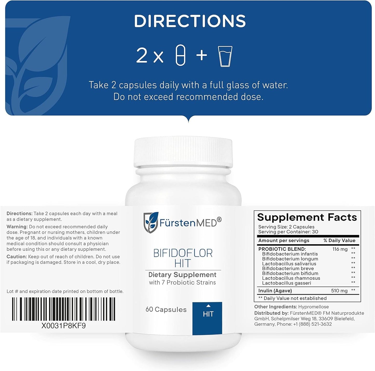 FürstenMED Bifidoflor HIT – Low Histamine Probiotic for Histamine Intolerance, Sensitive Gut & Digestive Health, 7-Strain Lactobacillus & Bifidobacterium, 15.6B CFU, Vegan, 60 Capsules