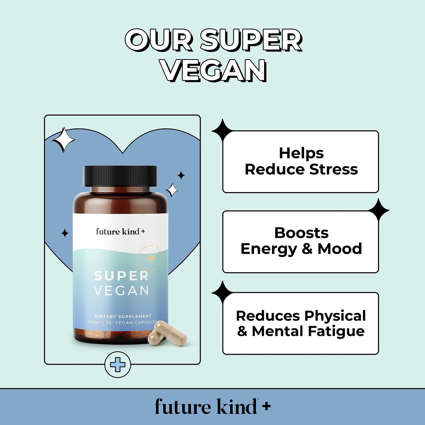 Future Kind Super Vegan Formula with Lemon Balm, Ashwagandha Root Extract and Rhodiola Extract for Natural Mood Boost, Energy and Stress Support, 60 Capsules