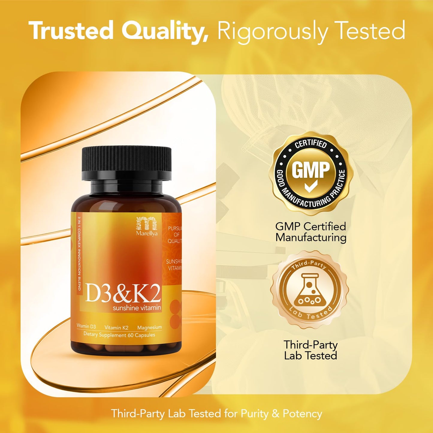 Marellya Vitamin D3 K2 Supplement with Magnesium Glycinate – 3-in-1 High Absorption Formula 4000 IU D3 & 100mcg K2 (MK-7) – Supports Bone, Heart & Immune Health – 60 Capsules
