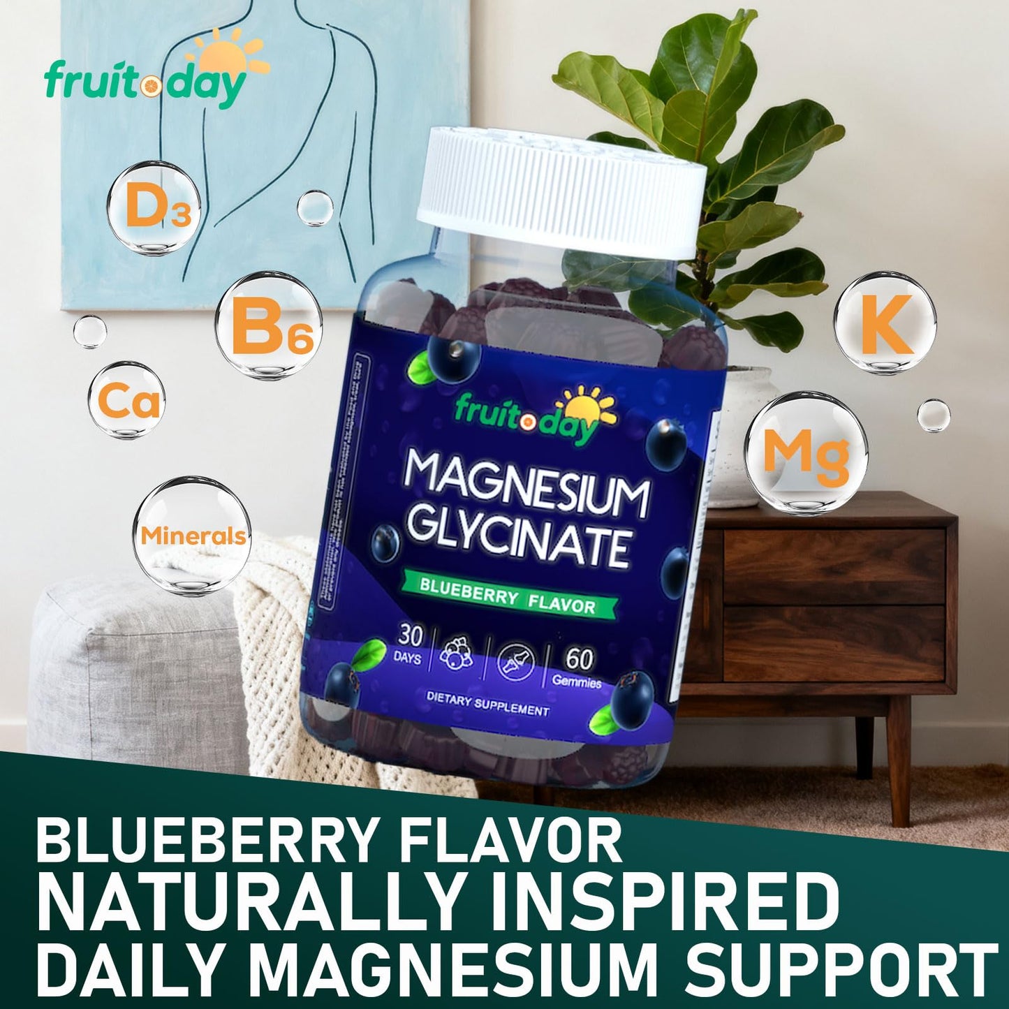 Fruitoday Magnesium Glycinate Gummies for Adults with Vitamin D3 & B6, Blueberry Flavor, 60 Gummies