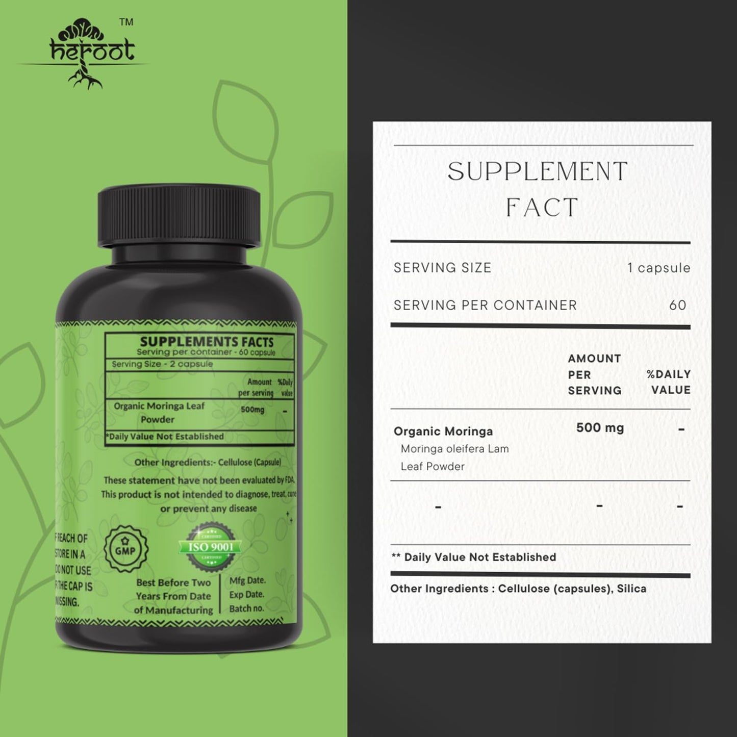 Heroot Organic Moringa Capsules 120 Count