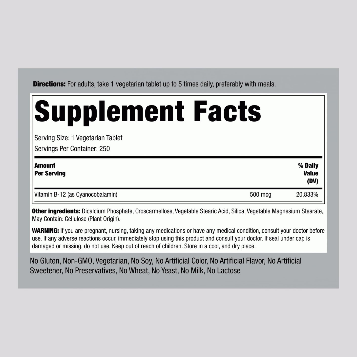 Piping Rock Vitamin B12 500 mcg Tablet, 250 Tablets