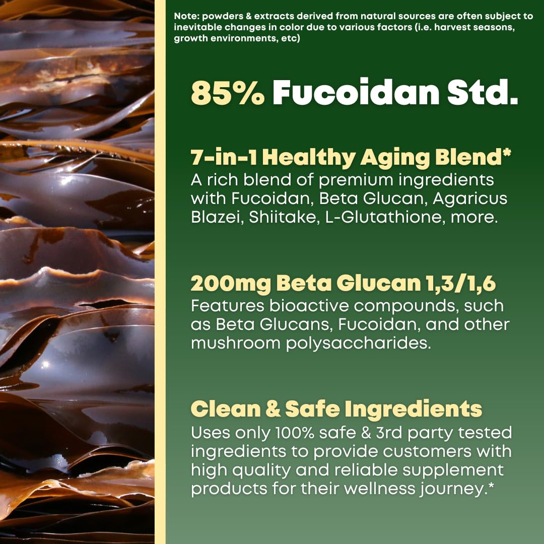 SOLNUVI Beta Glucan & Fucoidan Brown Seaweed Extract - L Glutathione, Shiitake, Agaricus Blazei Mushroom, Vitamin C - Immune, Cellular, Healthy Aging Support 90 Capsules