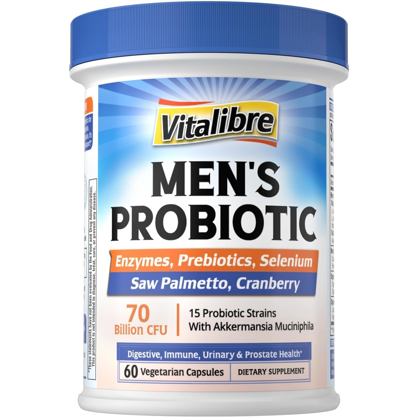 Vitalibre Probiotics for Men with Akkermansia Muciniphila, Prebiotics, Selenium, Enzymes, Saw Palmetto, Cranberry for Digestive, Gut, Immune, Prostate & Urinary Tract Health, 70 Billion CFUs, 60 Capsules