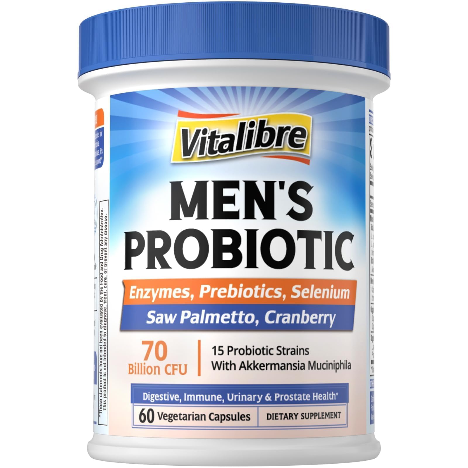 Vitalibre Probiotics for Men with Akkermansia Muciniphila, Prebiotics, Selenium, Enzymes, Saw Palmetto, Cranberry for Digestive, Gut, Immune, Prostate & Urinary Tract Health, 70 Billion CFUs, 60 Capsules