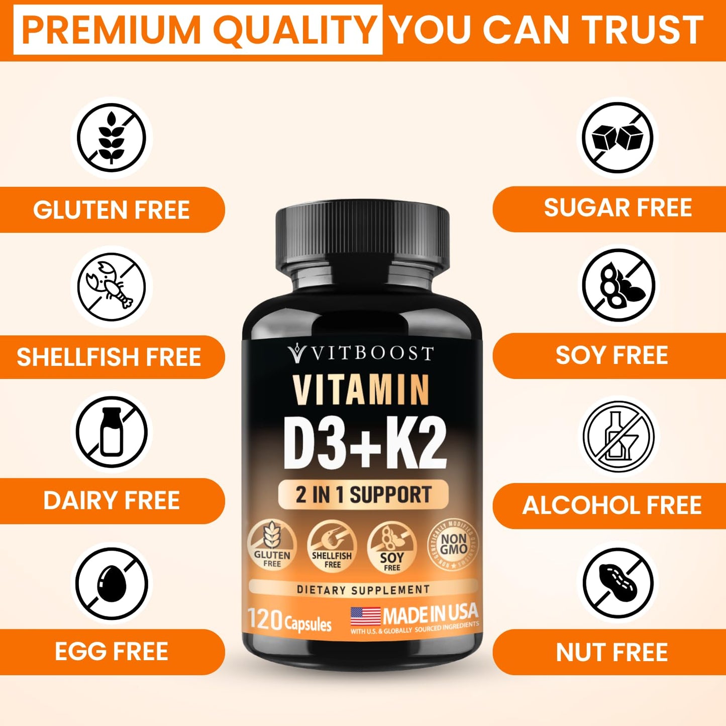 VITBOOST Vitamin D3 K2 Complex Capsules 120 Count