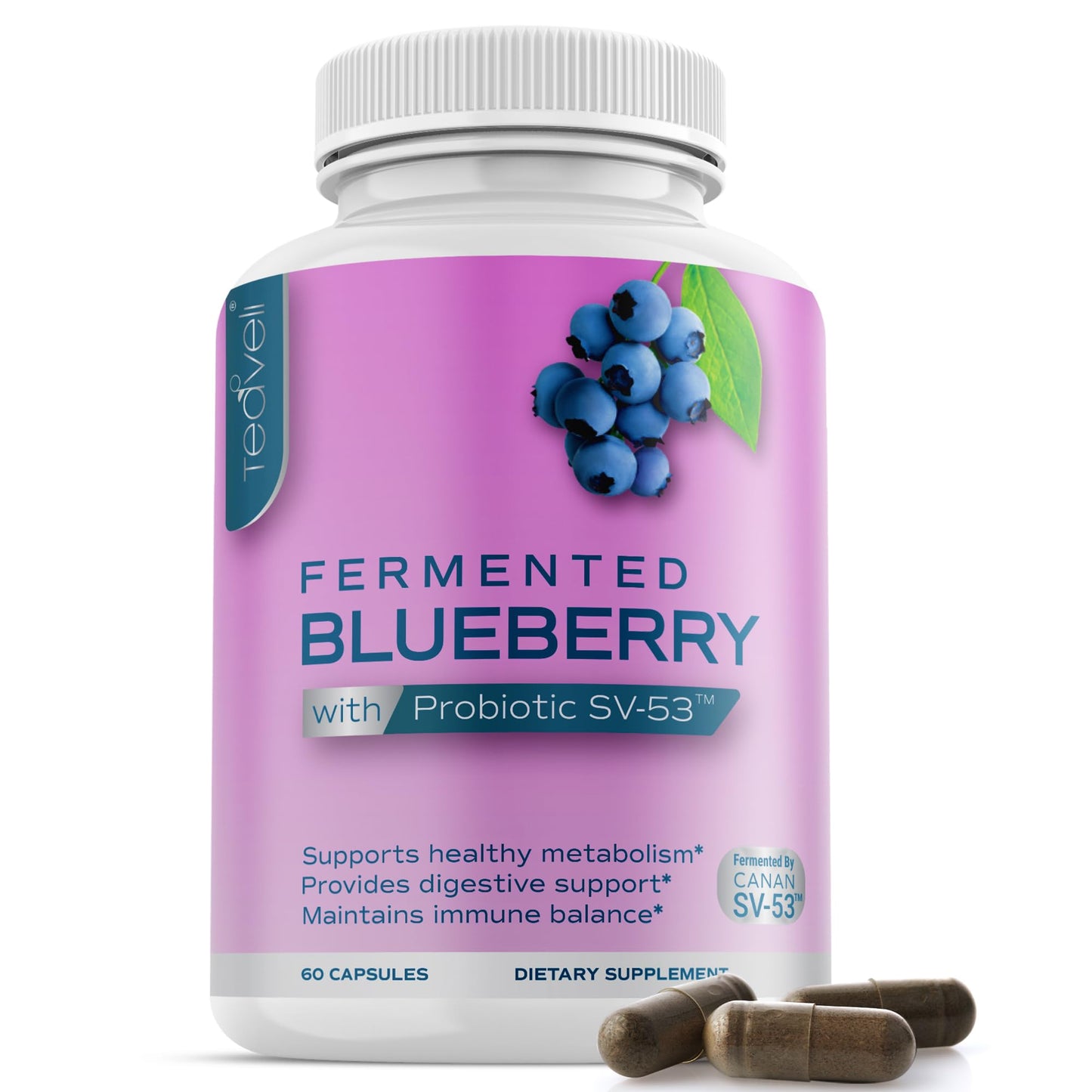 Teaveli Probiotic Blueberry Supplement with Wild Blueberries 1000 mg/Serving with Powerful Polyphenols & Anthocyanins Capsules, 60 Count