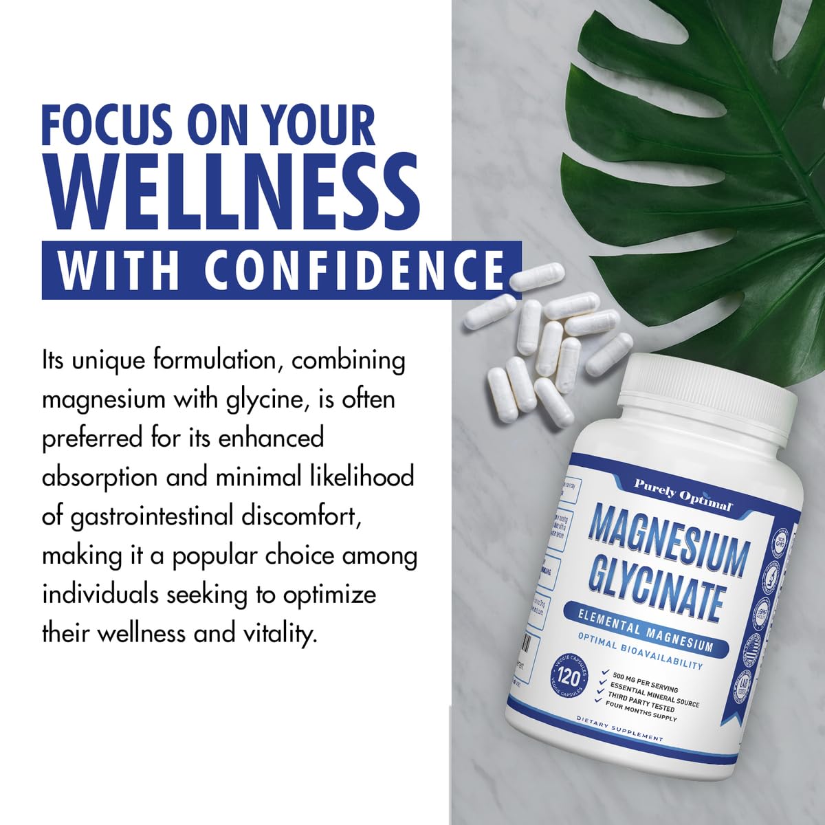 Purely Optimal Magnesium Glycinate 500mg Sleep Support & Stress Relief, Gentle, High Absorption Magnesium Supplement for Muscle Relaxation, Calm & Nerve Support, 120 Capsules