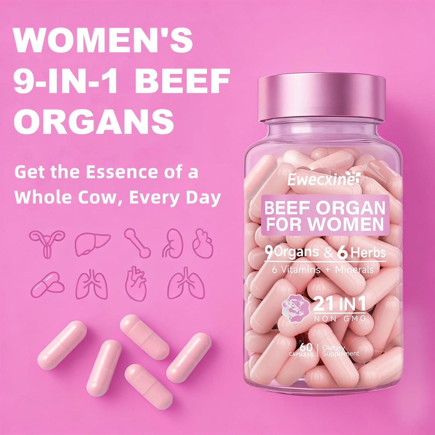 Ewecxine Beef Organ Supplement for Women, 9-Organ Formula, 60 Capsules