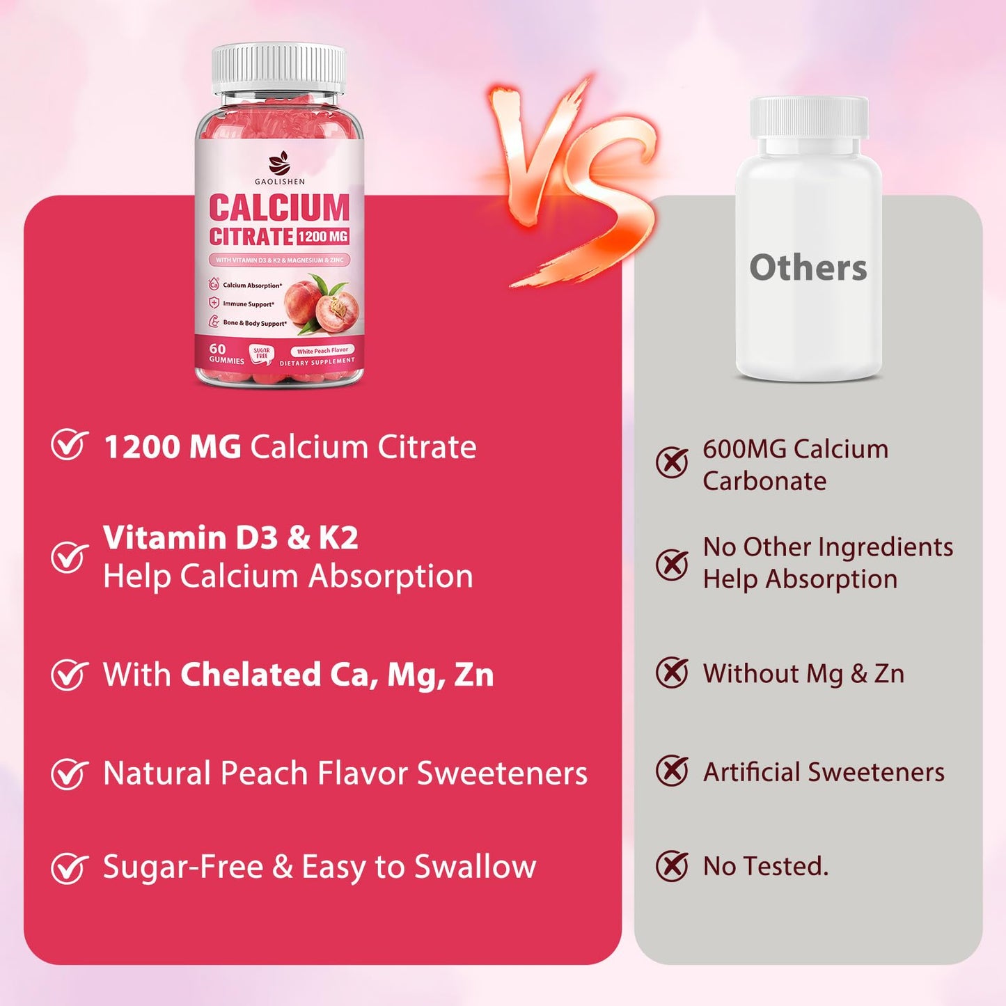 GAOLISHEN Calcium Citrate 1200 mg Gummies with Vitamin D3, K2, Magnesium, Zinc for Bone, Muscle & Immune Support, Sugar Free, 60 Gummies