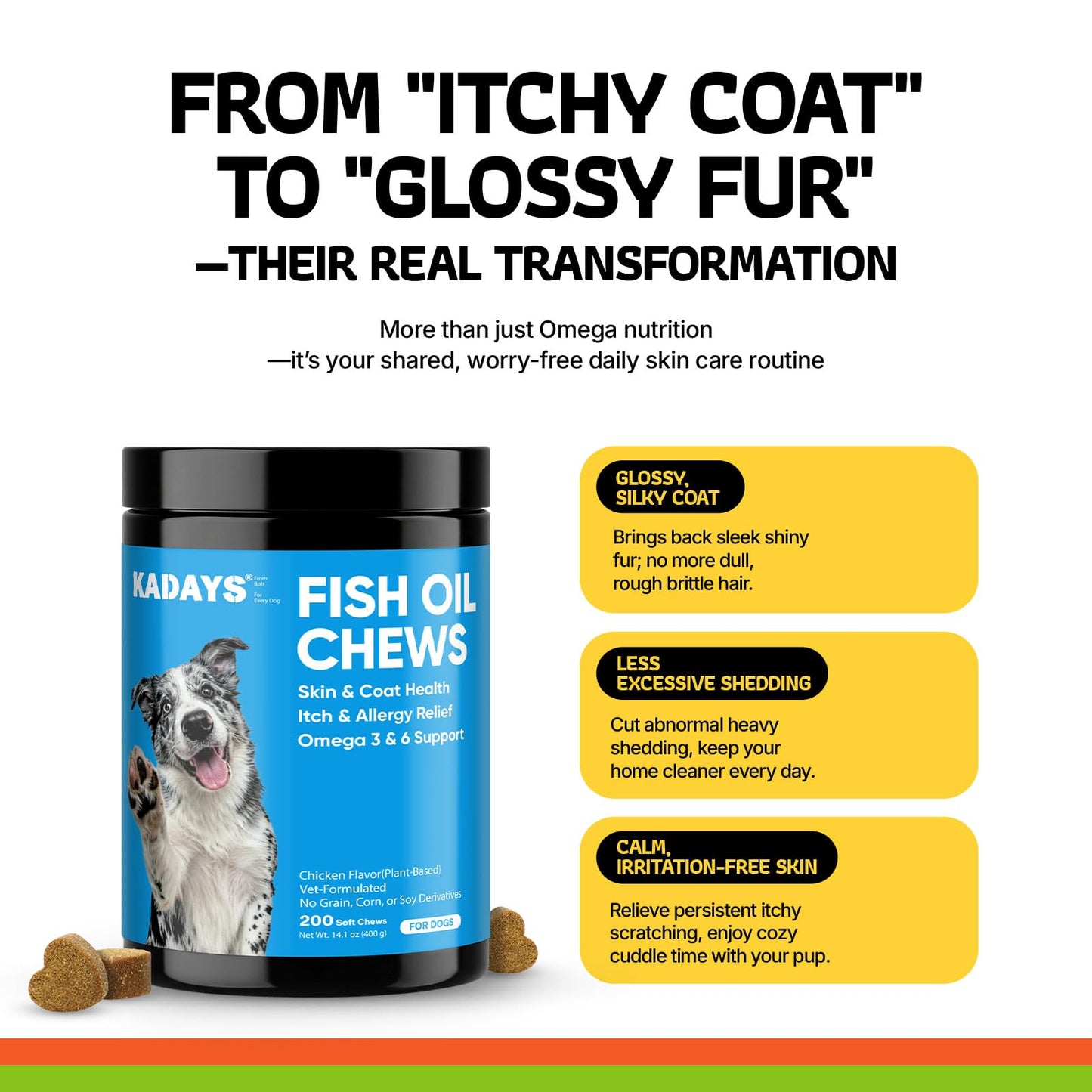 Kadays Omega 3 Skin and Coat Supplement for Dogs Chews, 200