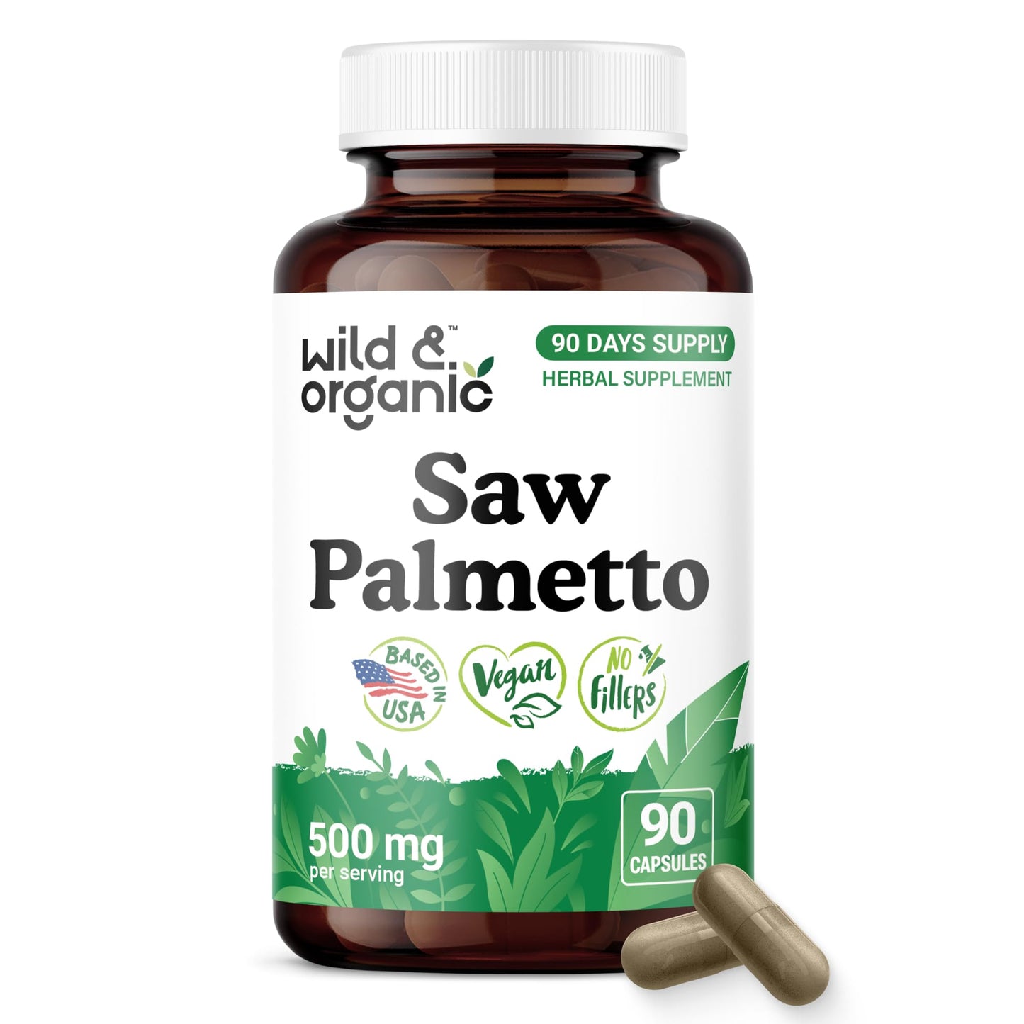 Wild & Organic Saw Palmetto 500 mg Capsules, 90 Count
