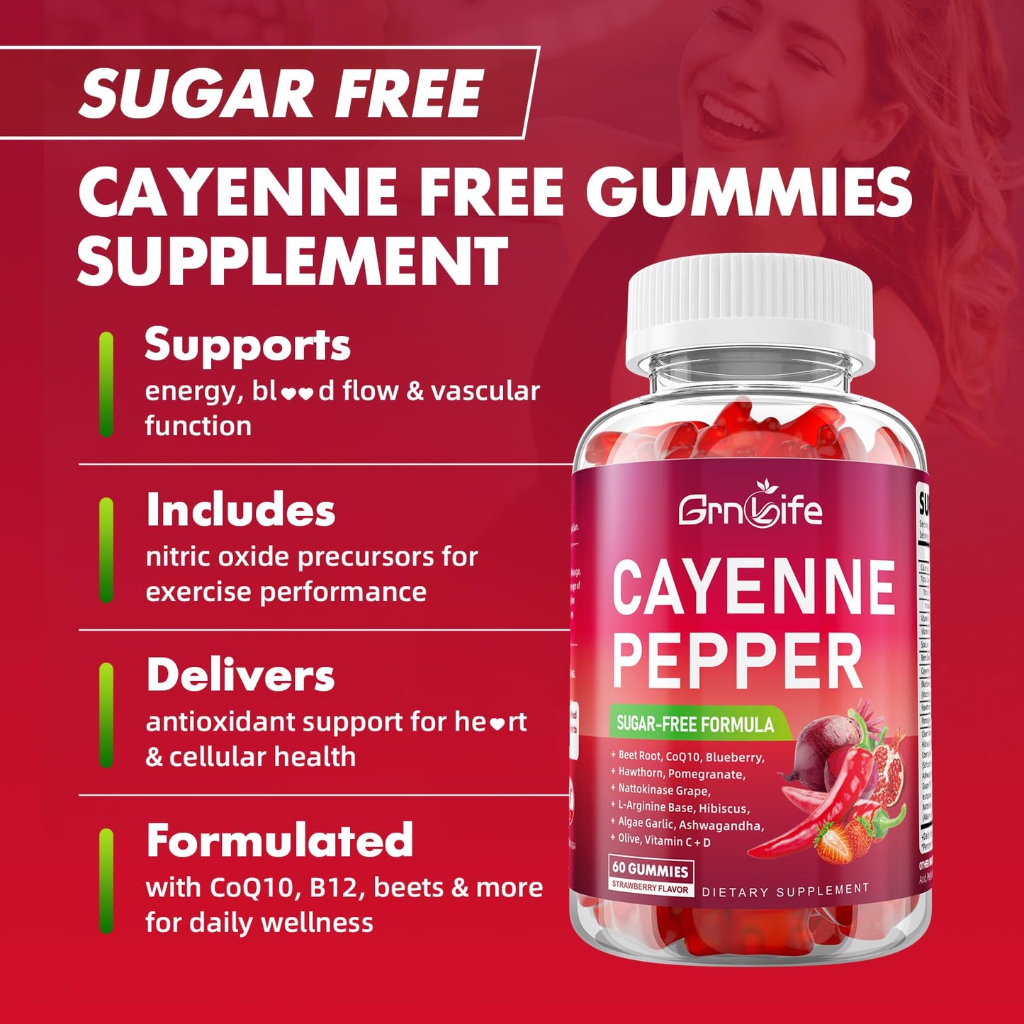 GrnLife Beet Root Gummies with Cayenne Pepper and CoQ10, Vitamin D, 120 Count