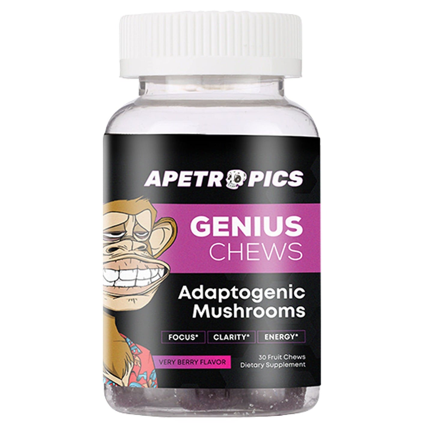Apetropics Genius Chews Brain Gummies with Lion’s Mane, Cordyceps, Reishi & Turkey Tail Mushroom - Immune Support and Nootropic Brain Supplement - Very Berry Flavor, 30 Gummies