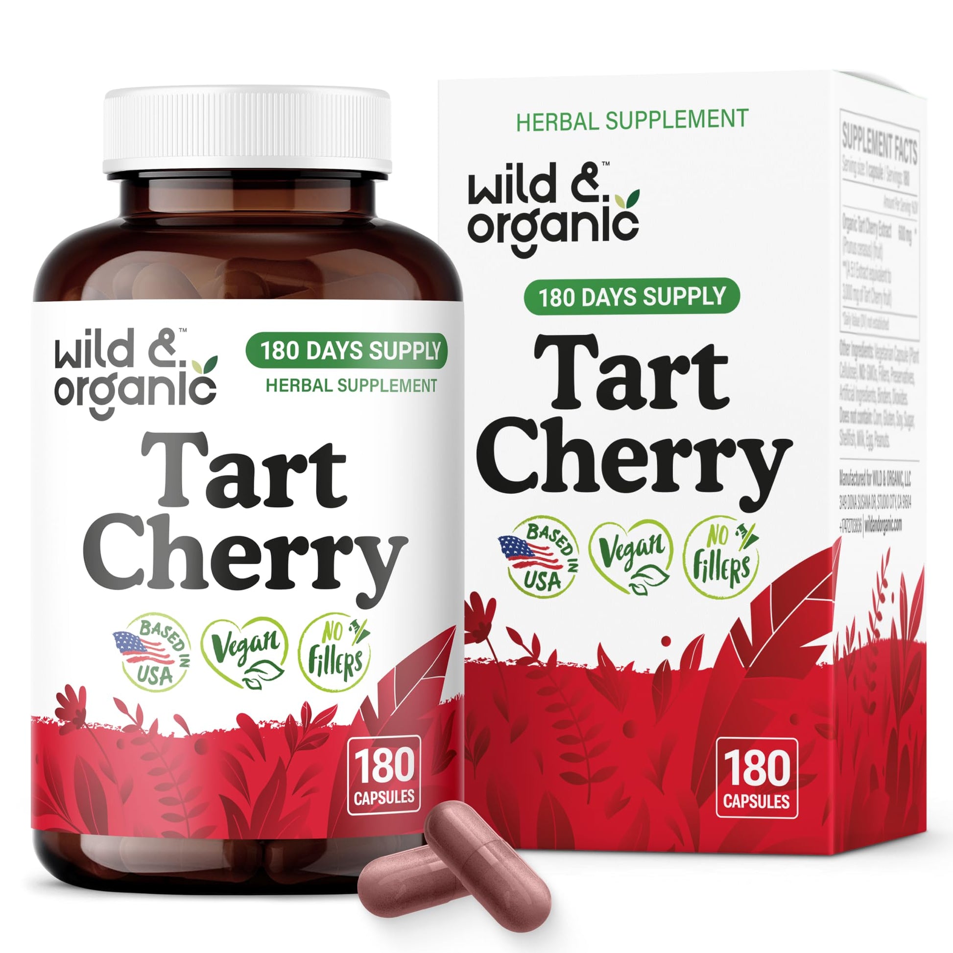 Wild & Organic Tart Cherry Extract 600 mg Capsules, 180 Count