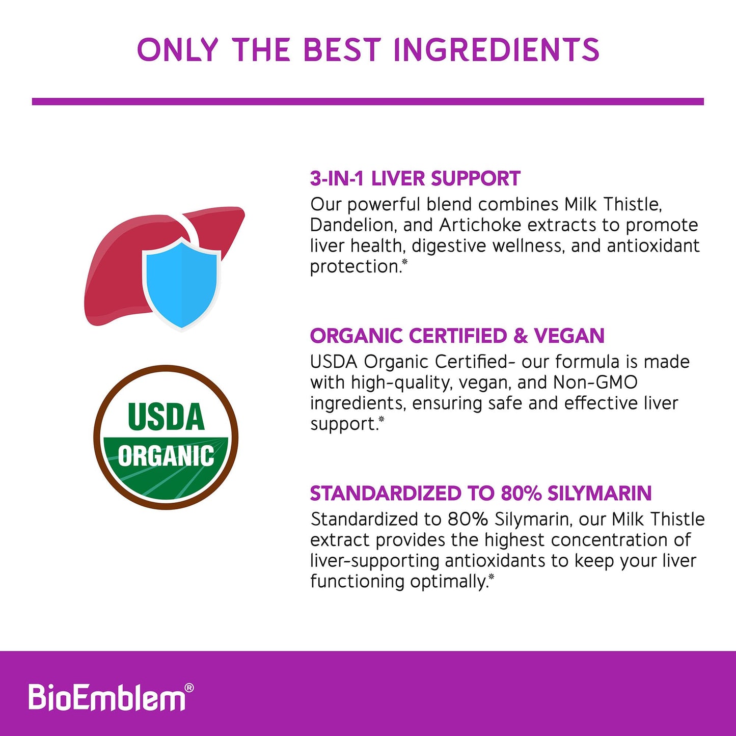 BioEmblem USDA Organic Liver Cleanse with 80% Silymarin Milk Thistle, Dandelion & Artichoke Extracts, 60 Capsules
