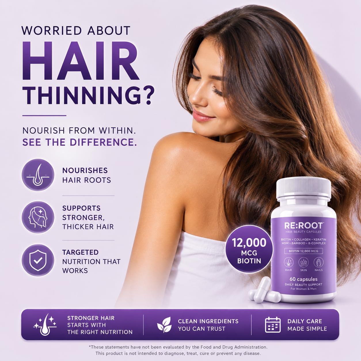 RE:ROOT Hair Growth Biotin Supplement 60 Vegan Capsules