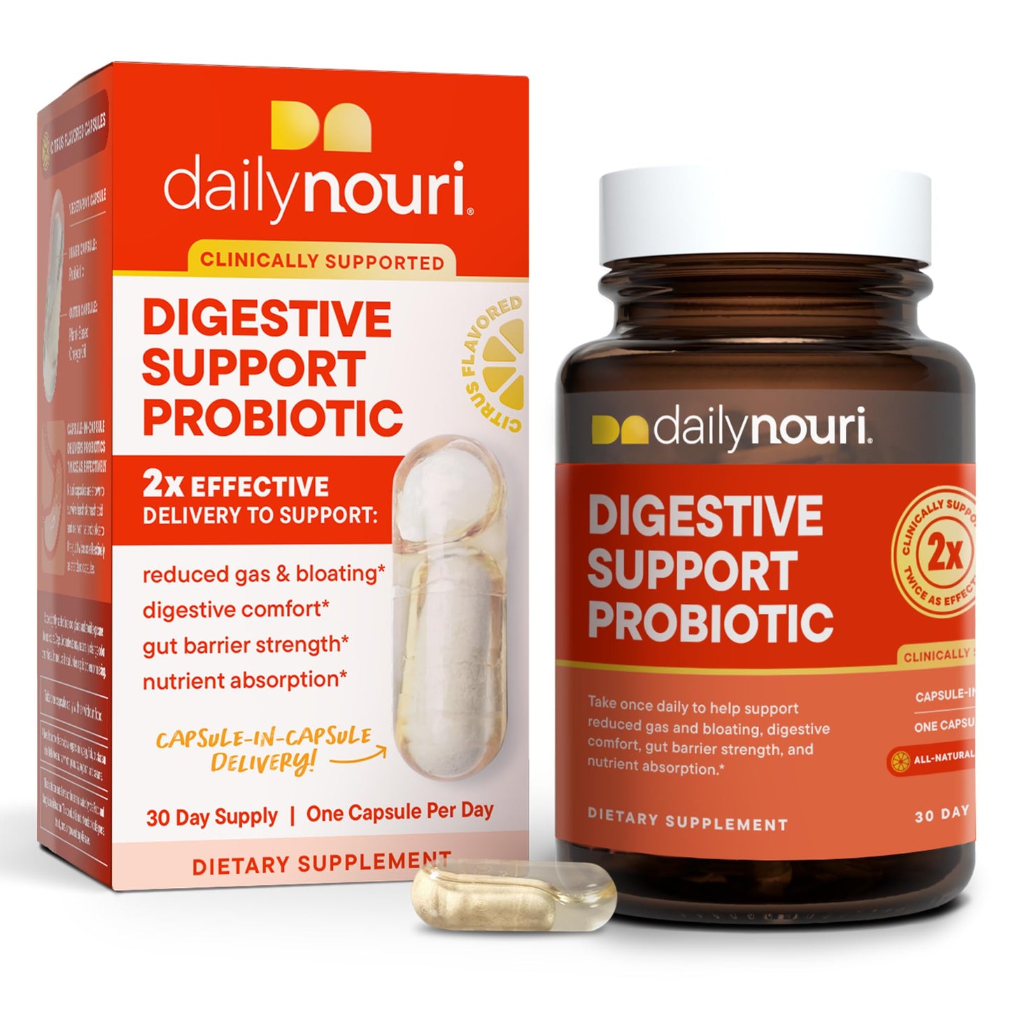 Daily Nouri Digestive Support Probiotics for Women & Men | Bloating & Gas Relief | 3 Clinically Studied Strains + Omega Capsule, 30 Count
