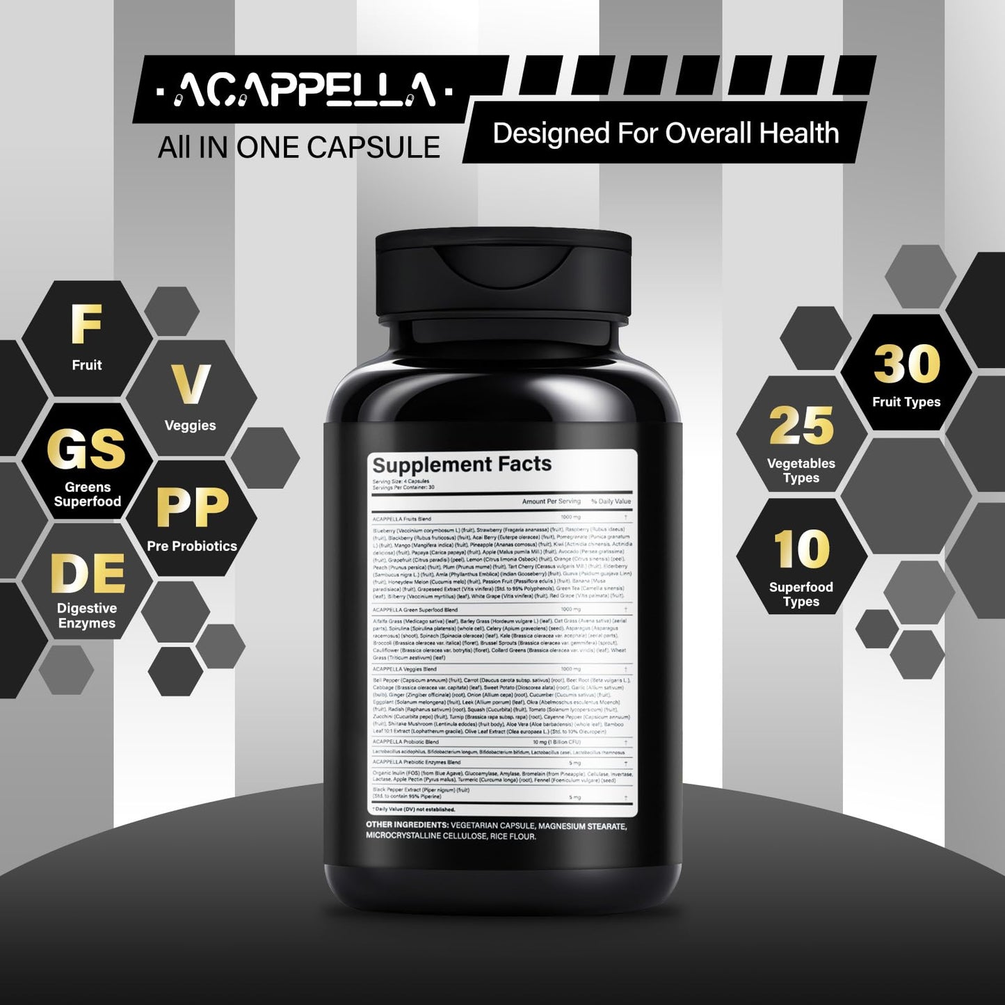 ACAPPELLA Fruit and Veggies Capsule with Greens Superfood Extract Digestive Enzymes with Probiotics and Prebiotics Fruits and Vegetables Supplements for Men and Women, 120 Capsules
