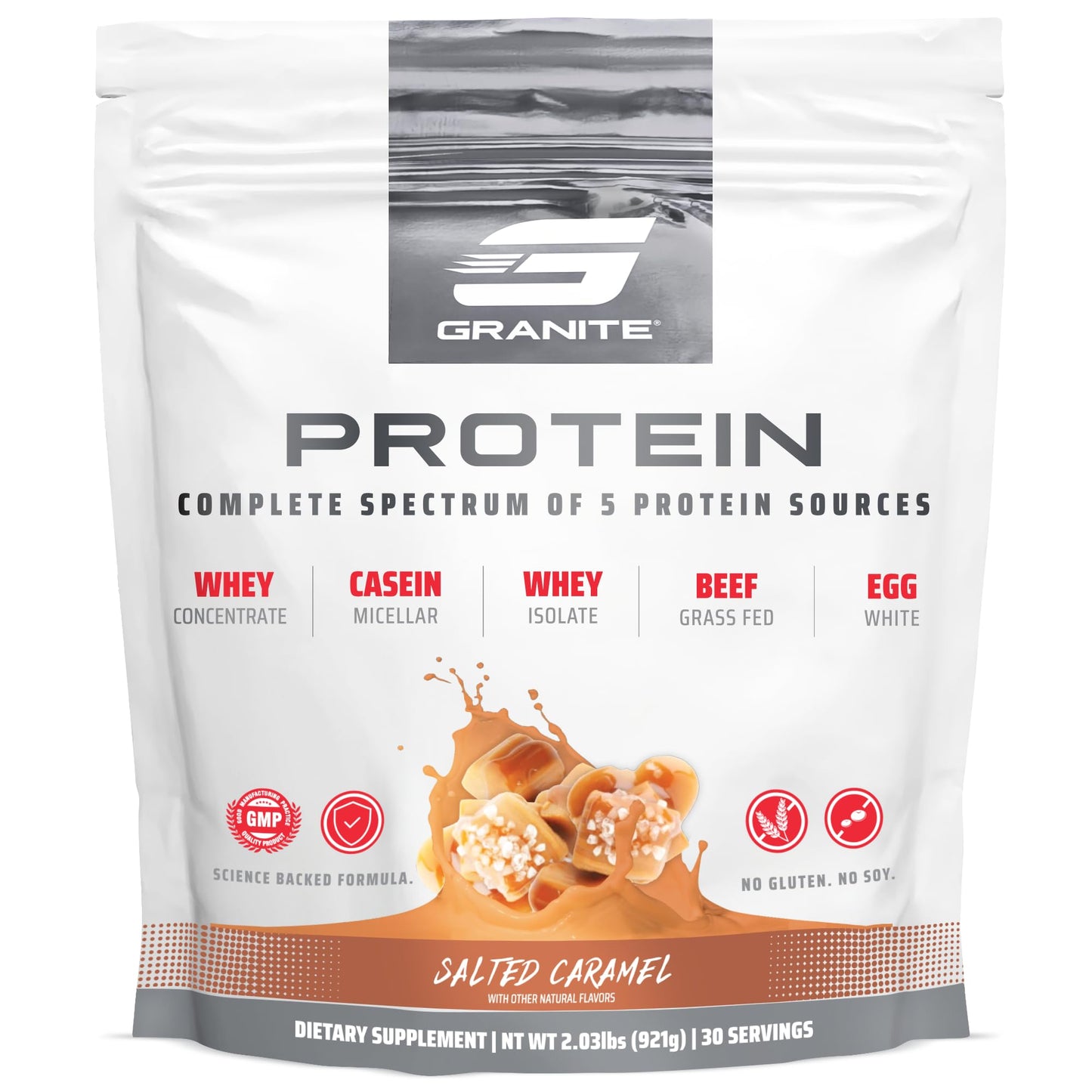 Granite Supplements Granite Nutrition Protein Powder - Premium 5-Source Blend (Whey, Casein, Egg, Grass-Fed Beef) Salted Caramel Flavor, 30 Servings