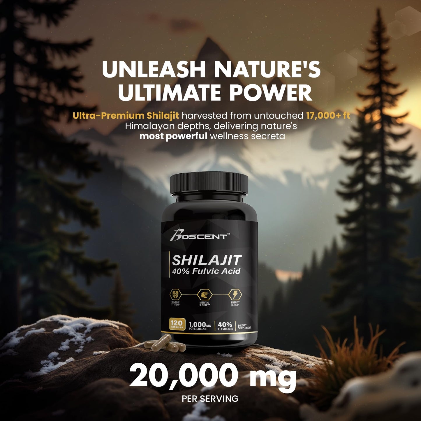 BOSCENT Shilajit Capsules 20,000mg, 120 Vegan Capsules