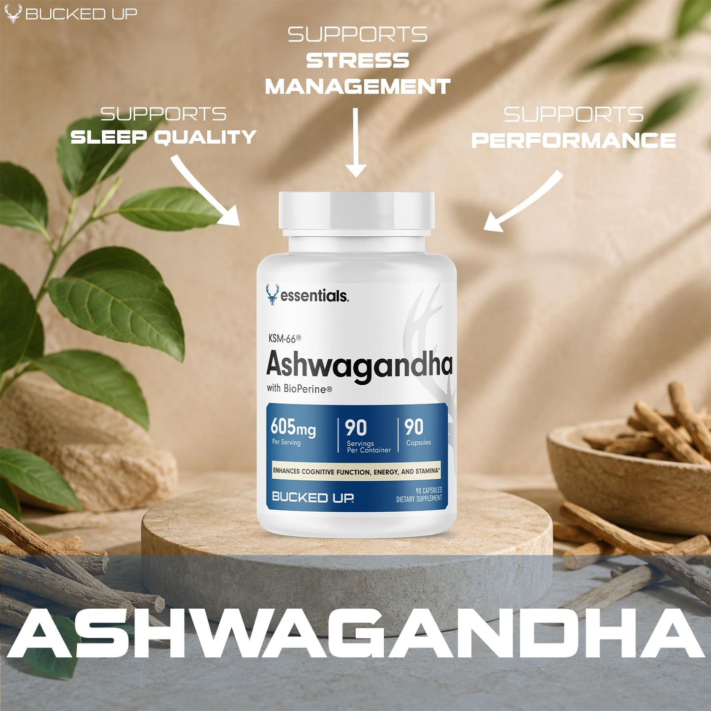 Bucked Up Ashwagandha (KSM-66®) + Bioperin Capsules 90 Count