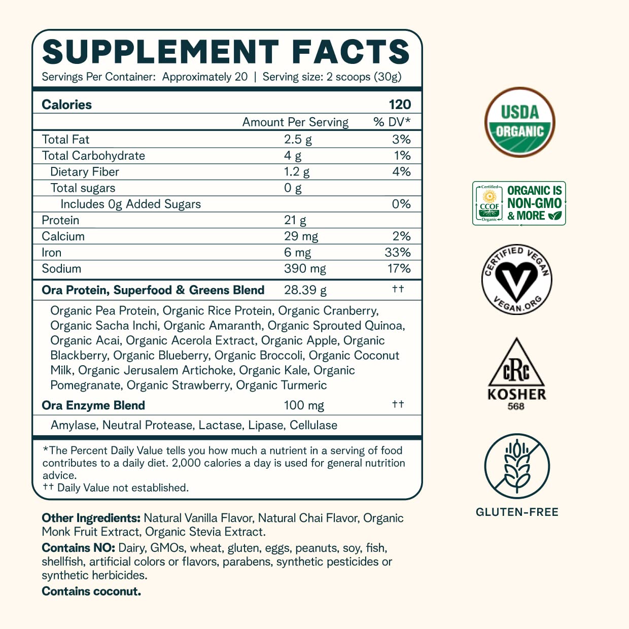 Ora Organic Protein Powder Vanilla, Chocolate & Vanilla Chai Bundle, 2 Pack