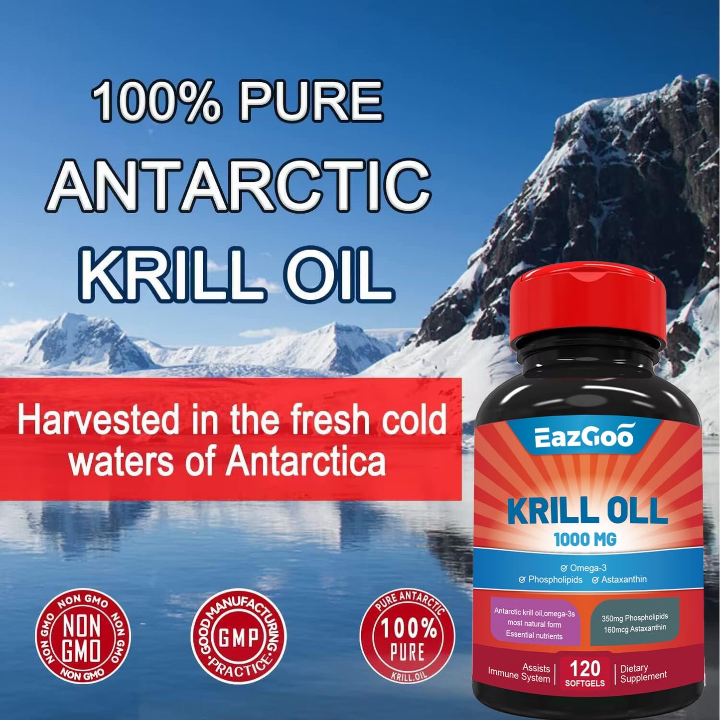EAZGOO Antarctic Krill Oil 1000mg Omega-3 EPA DHA Phospholipids Astaxanthin Softgels 120
