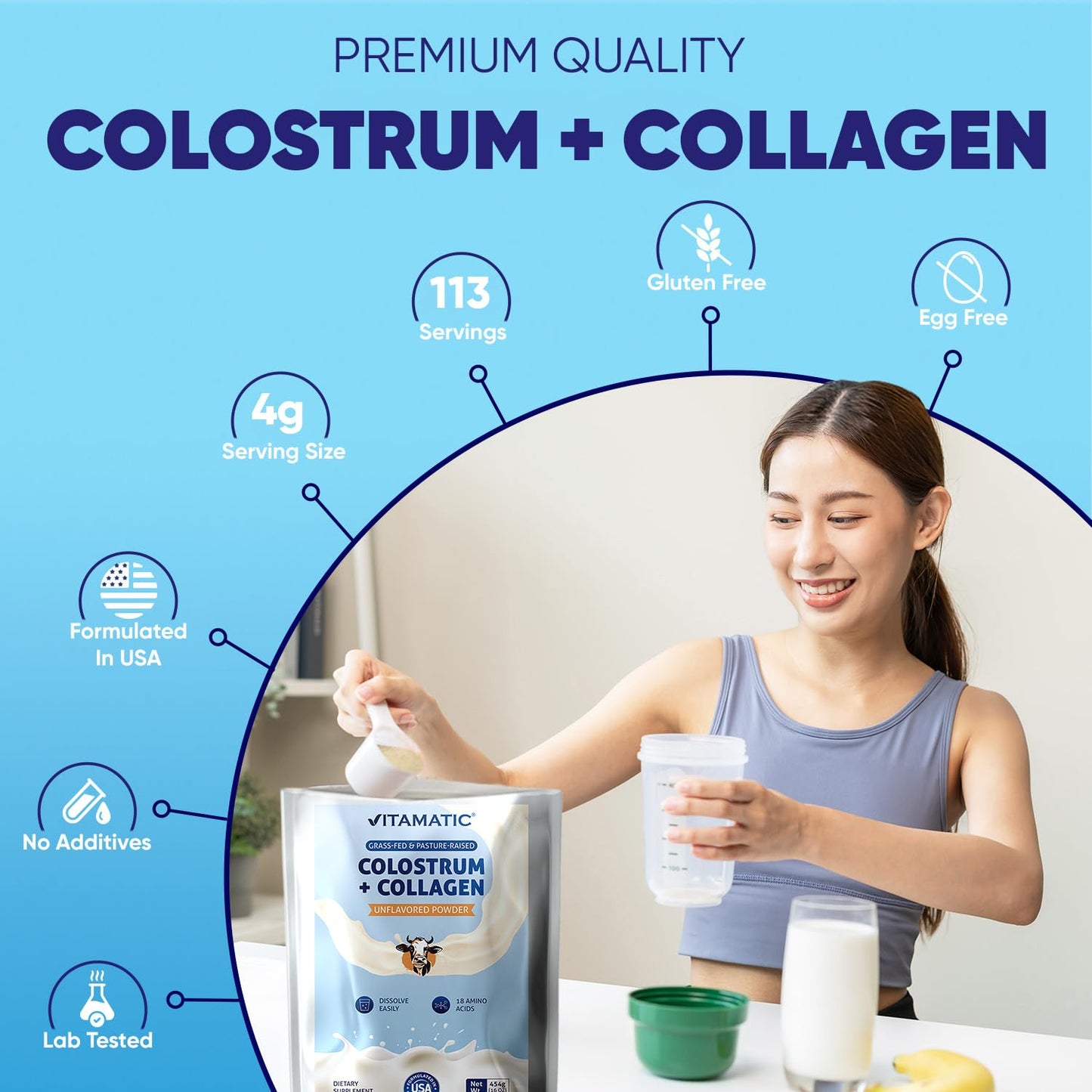 Vitamatic Bovine Colostrum + Collagen Powder 16 oz