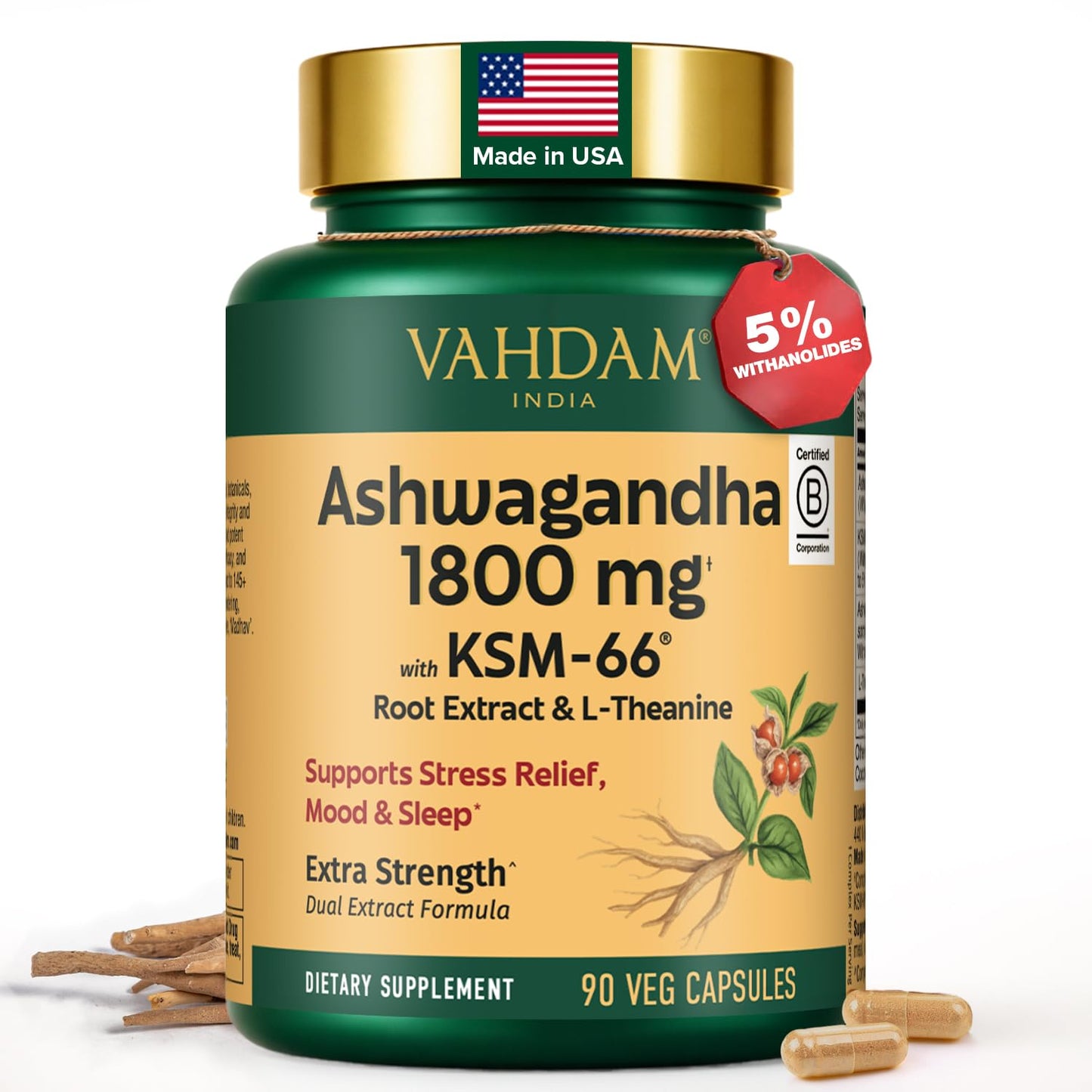 VAHDAM Ashwagandha Supplement 1800mg with Ashwagandha Root Extract and L-Theanine Capsule, 90 Count